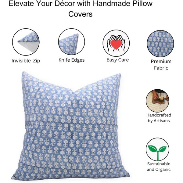 Fabdivine Handmade Pillow Cover 24x24 Inch Block Printed Decorative Cushion- Tulsi Buti For Sale - Image 4 of 7