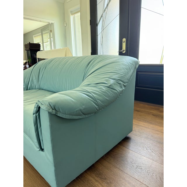 Vintage 1988 Hickory Tavern Furniture Co for Lane Powder Blue Leather Sofa | Soft Curve Postmodern Lounge Couch For Sale - Image 6 of 13