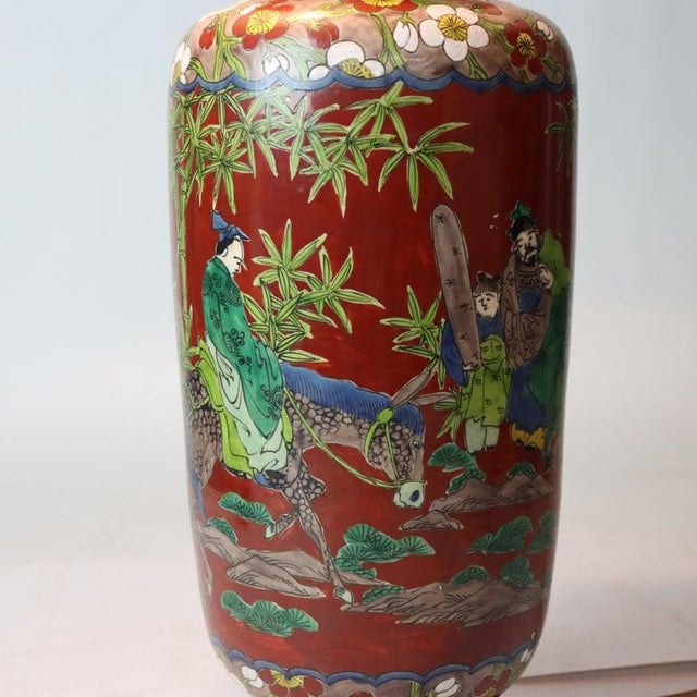 Antique Japanese Enameled Porcelain Lamp with Figures & Mule in Garden Setting c1920 Measures - 33 1/2" x 18 1/2" x 18 1/2"