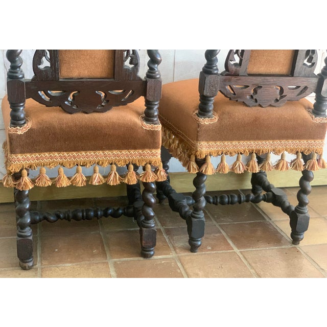 Late 19th Century Antique Ornately Carved Wood & Upholstery Jacobean Renaissance Revival Carved Parlor Throne Chairs- A Pair For Sale In San Antonio - Image 6 of 12