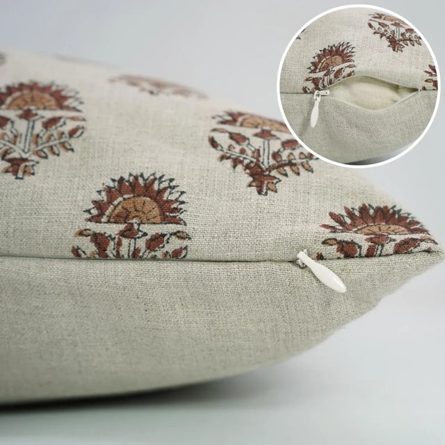 Modern Handmade Floral Print Decorative Cushion Cover in Pure Linen 24x24-Indrajeet For Sale - Image 3 of 4