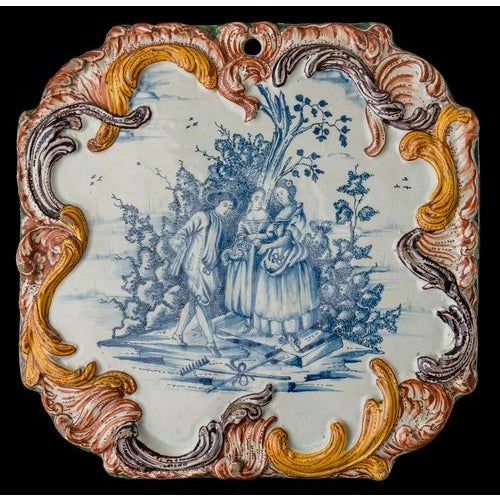 Mid 18th Century Delft Polychrome Plaque With a Courteous Scene Delft, Circa 1760 For Sale - Image 5 of 8