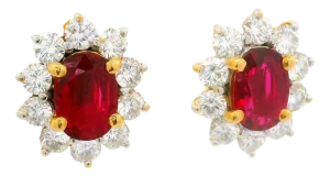 2.34 Carats Ruby Diamond 18k Yellow Gold Halo Earrings, Gia Certified, A Pair