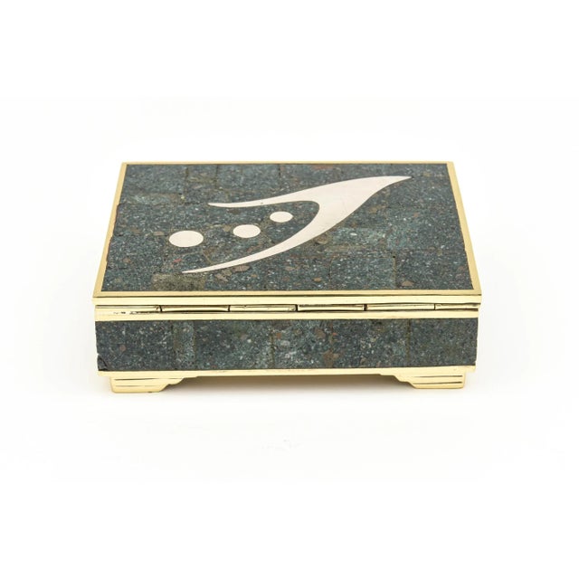 Wood Vintage Sigi Pieneda Hinged Box With Brass, Rosewood, Silver, Sodalite, Turquoise Crushed Stone 1950's For Sale - Image 7 of 11