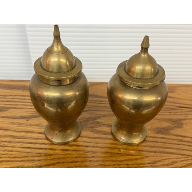 Metal Brass Ginger Jar Urn Shaped Vessels + Lids, Set of Two For Sale - Image 7 of 12