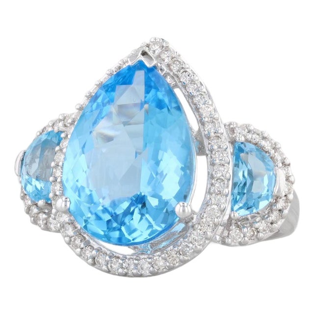8.11ctw Pear Topaz Diamond Halo Cocktail Ring 18k White Gold Size 5.25 For Sale