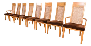 Milo Baughman Style Mid-Century Modern Burl Wood and Cane High Back Dining Chairs by Lane, Set of Eight