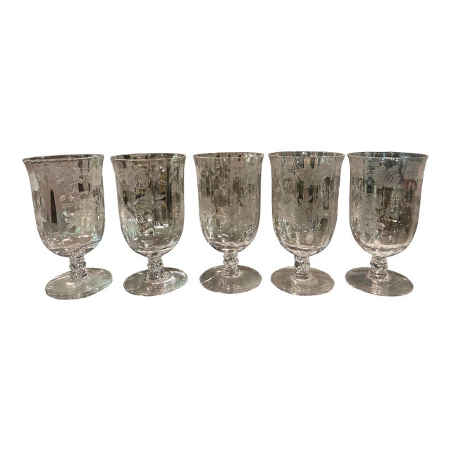 Set of 5 Fostoria Willowmere Etched Low Goblets - Footed Tumblers For Sale