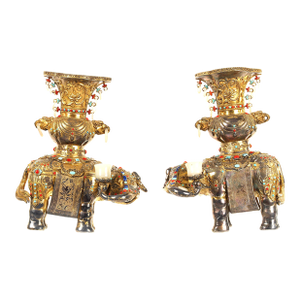 Mongolian Elephant Censers Gilt Metal Jade Stone a Pair