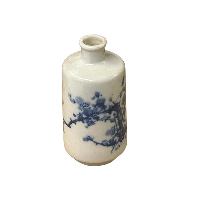 Ceramic Small Blue White Handpaint Blossom Tree Scenery Graphic Porcelain Vase For Sale - Image 7 of 9