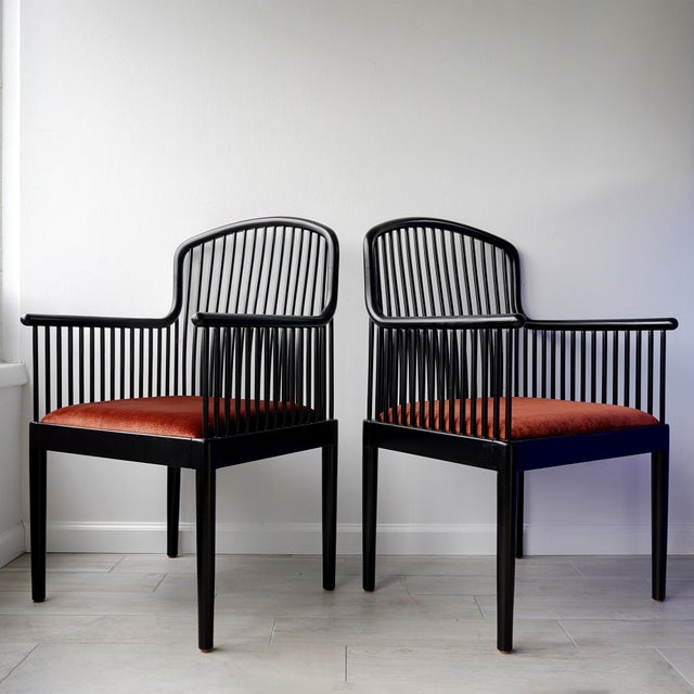 Vintage circa 1980s Stendig "Andover" chairs recently reupholstered in copper rust velvet with a small allover squiggle...