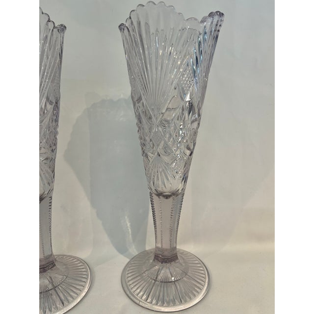 Transparent Early 20th Century "Sun Purple" Brilliant Cut Glass Trumpet Vases- A Pair For Sale - Image 8 of 11