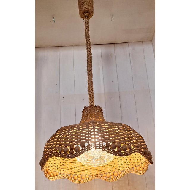 1970s Vintage Ceiling Lamp with Wicker Shade and Inner Relief Glass Shade on Rope Mount, 1970s For Sale - Image 5 of 8