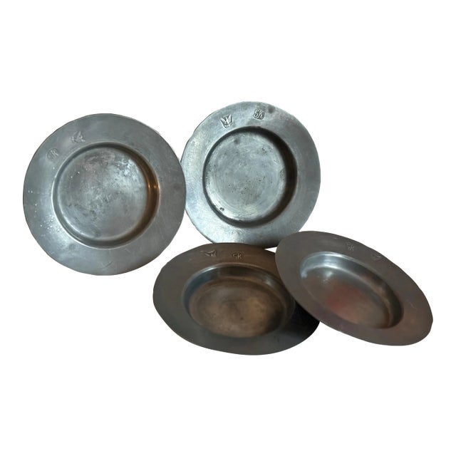 1800s Set of 4 g.k. Pweter Saucers/Plates With Stamped Eagle Crest, 4.5” For Sale