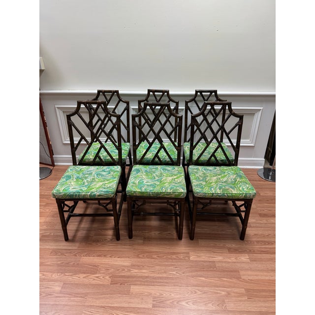Vintage Set of 6 Chinese Chippendale Rattan Dining Chairs For Sale - Image 10 of 10
