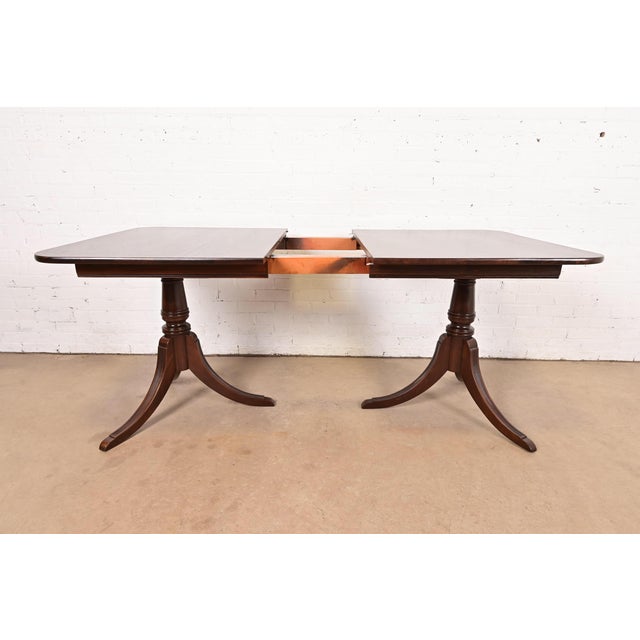Mid 20th Century Baker Furniture Style Georgian Mahogany Double Pedestal Extension Dining Table, Newly Refinished For Sale - Image 5 of 13