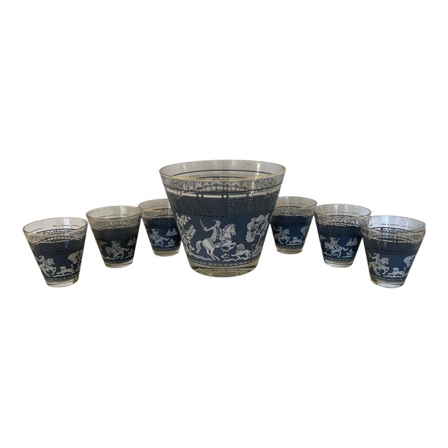 Wedgwood - Blue Jeanette - Pattern Glass Ice Bucket With Glasses - Set of 7 For Sale
