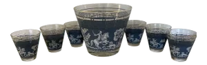 Wedgwood - Blue Jeanette - Pattern Glass Ice Bucket With Glasses - Set of 7