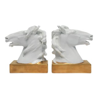 Horse Head and Mane Bookends or Decorative Object Sculptures White and Gold Porcelain, Pair For Sale