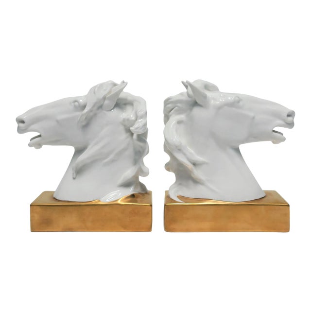 Horse Head and Mane Bookends or Decorative Object Sculptures White and Gold Porcelain, Pair For Sale