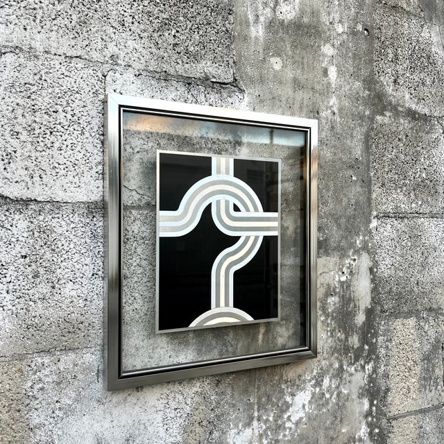 Vintage 1970s Op-Art Geometric Black and Silver Foil Framed Print. For Sale In Miami - Image 6 of 17