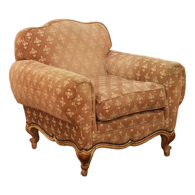 19th Century French Louis XV Carved and Painted Club Armchair With Gilt Accents For Sale