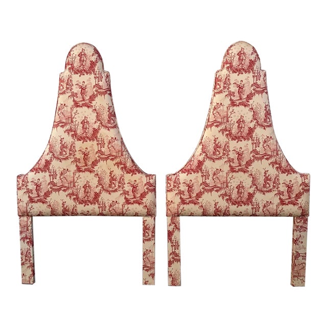 1980s Pair Custom Twin Upholstered High Peak Regency Chinoiserie Headboards For Sale