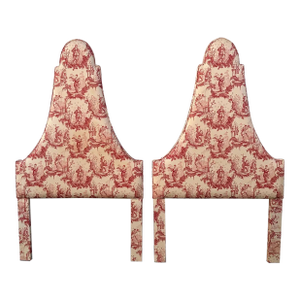 1980s Pair Custom Twin Upholstered High Peak Regency Chinoiserie Headboards