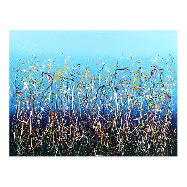 Celebration 6 - Abstract Expressionist Vibrant Blue Tone Textural Drip Painting by Marc Raphael For Sale