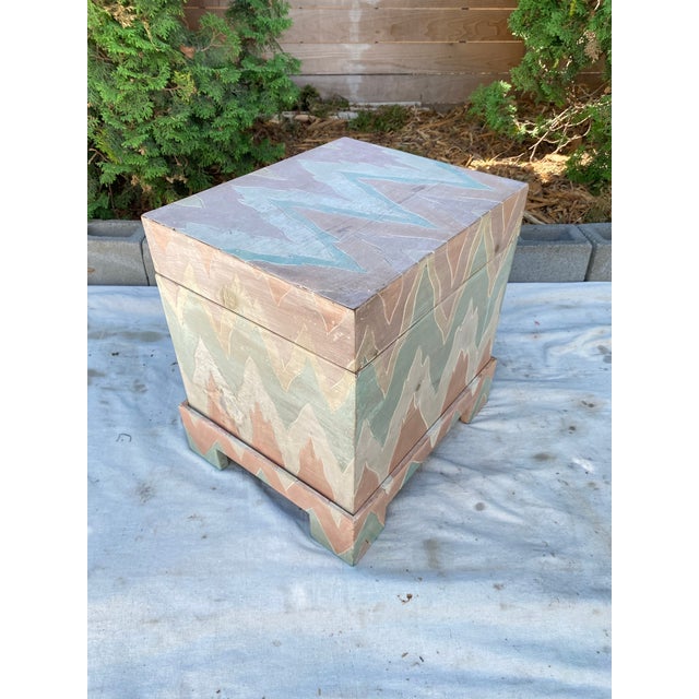 Late 20th Century Vintage Hand-Painted Flame Chevron Wood Box on Stand For Sale - Image 5 of 11