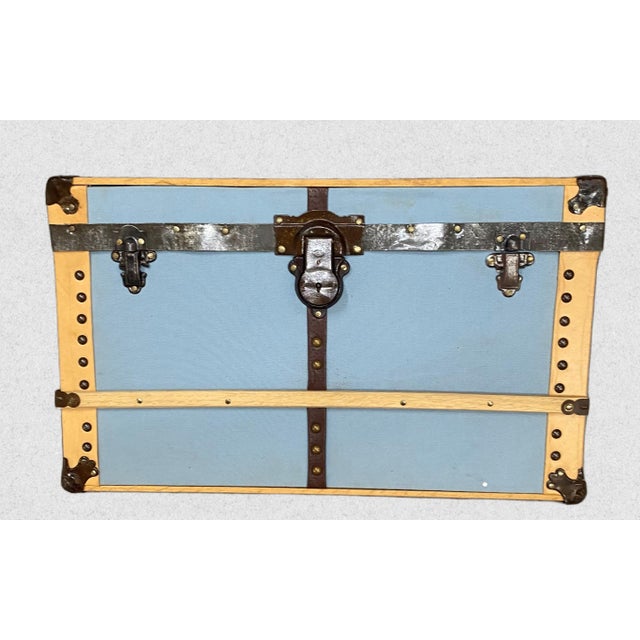 In baby blue canvas duck cloth and with genuine antique trunk hardware, this wall hanging is the trunk you hang on your...