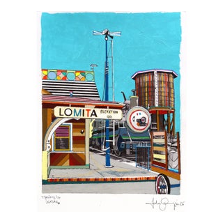 Trains in Lomita - Original Abstract City Scene Colorful Mixed Media Art by Fabio Coruzzi For Sale