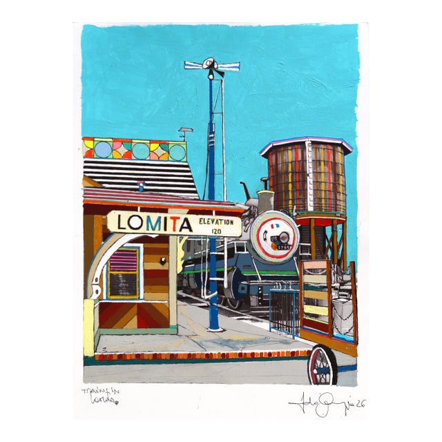 Trains in Lomita - Original Abstract City Scene Colorful Mixed Media Art by Fabio Coruzzi For Sale