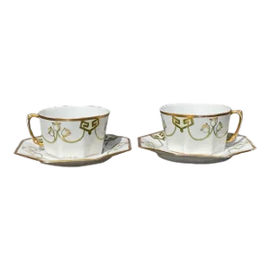 Set of 2 Octagonal Limoges Teacups With Lily of the Valley Circa 1890