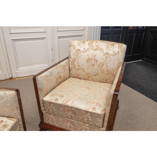 Vintage Swedish Grace Club Chairs with Tiger Wooden Side Panels and Jacquard, 1930s, Set of 2 For Sale - Image 11 of 14