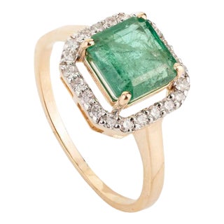 Emerald Halo Diamond Statement Ring Size 7 For Sale