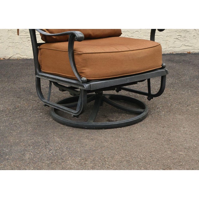 Cast Aluminum Pair Of Outdoor Swivel Lounge Chairs With Cushions For Sale - Image 11 of 18