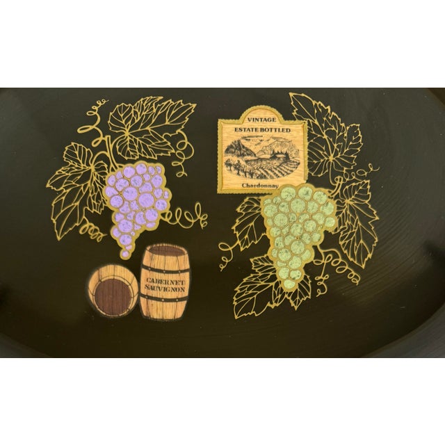 Mid-Century Modern 1960s Couroc Monterey Black Serving Tray With Brass and Stone Inlay Wine Motif For Sale - Image 3 of 12