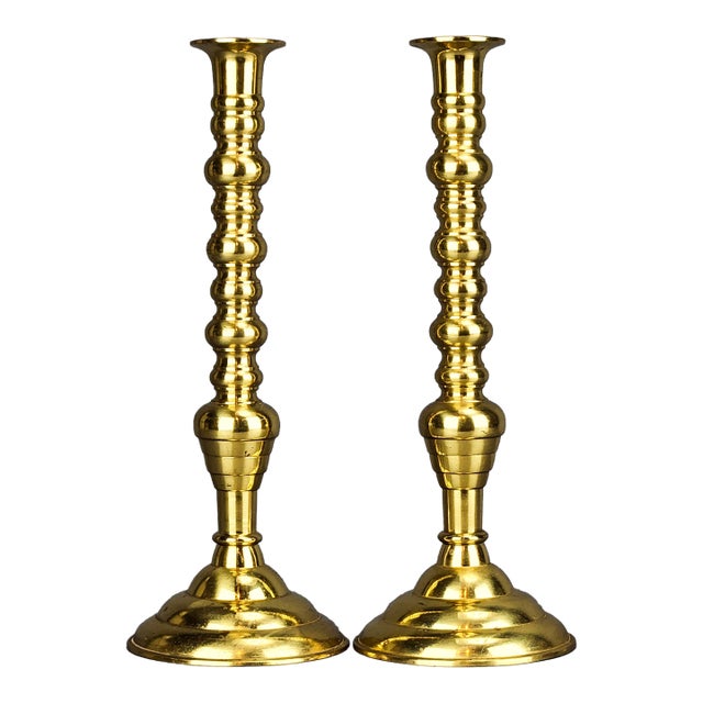 Vintage Solid Brass Candlestick Holders - Set of 2 For Sale