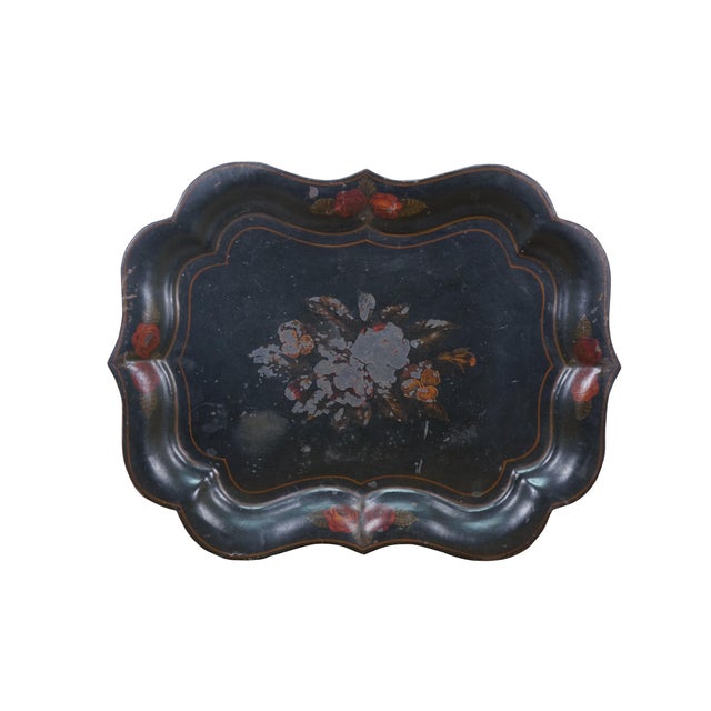 Antique scalloped edge, black metal toleware serving tray. Hand painted with red roses and yellow-orange pansies. Marked...
