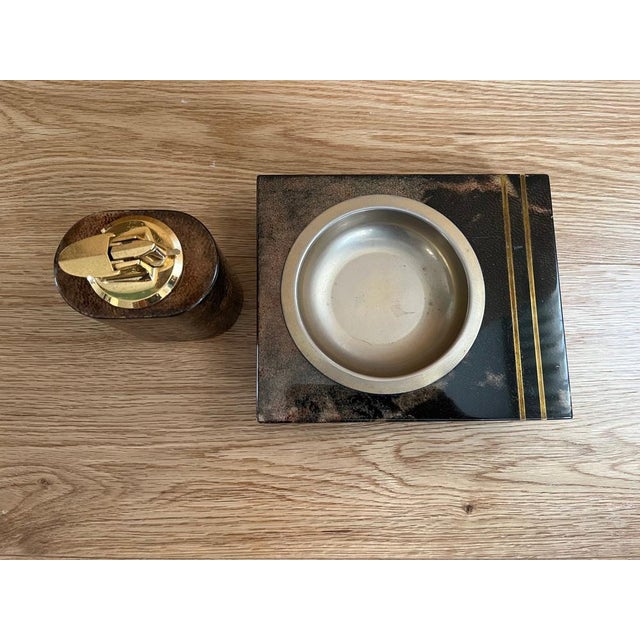 Ashtray and Lighter in Goatskin Veneer with Brass Elements by Aldo Tura, Set of 2 For Sale - Image 16 of 18
