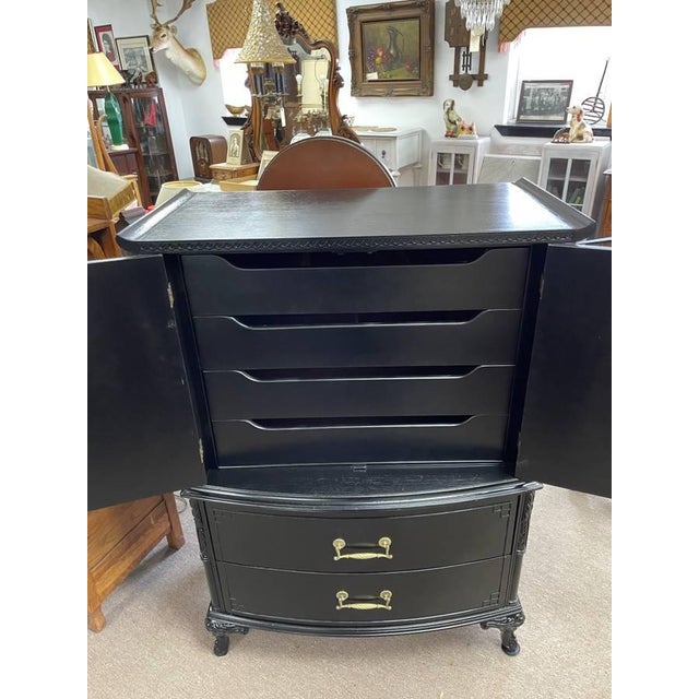 Asian Antique Solid Mahogany Oriental Chest of Drawers, Black Satin Lacquer, Refinished, Brass Hardware For Sale - Image 3 of 13