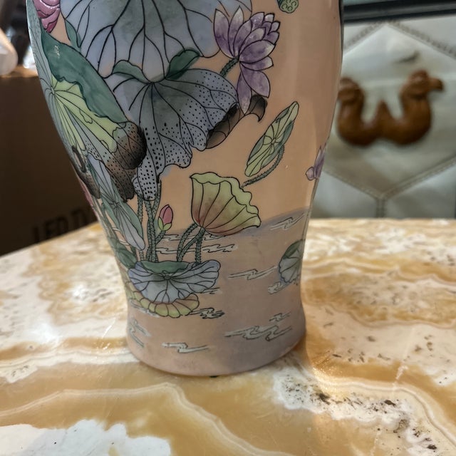 Asian Style Vintage Ceramic Pink Floral Vase For Sale - Image 4 of 8