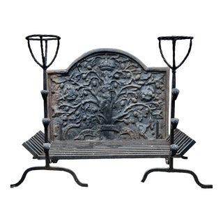 Large 18th Century Heavy Iron Fire Back, Andirons and Grate, Set of 4 For Sale
