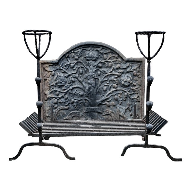 Large 18th Century Heavy Iron Fire Back, Andirons and Grate, Set of 4 For Sale