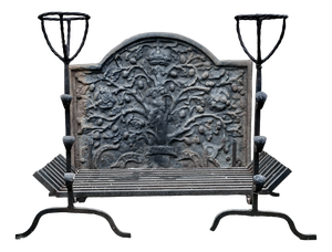 Large 18th Century Heavy Iron Fire Back, Andirons and Grate, Set of 4