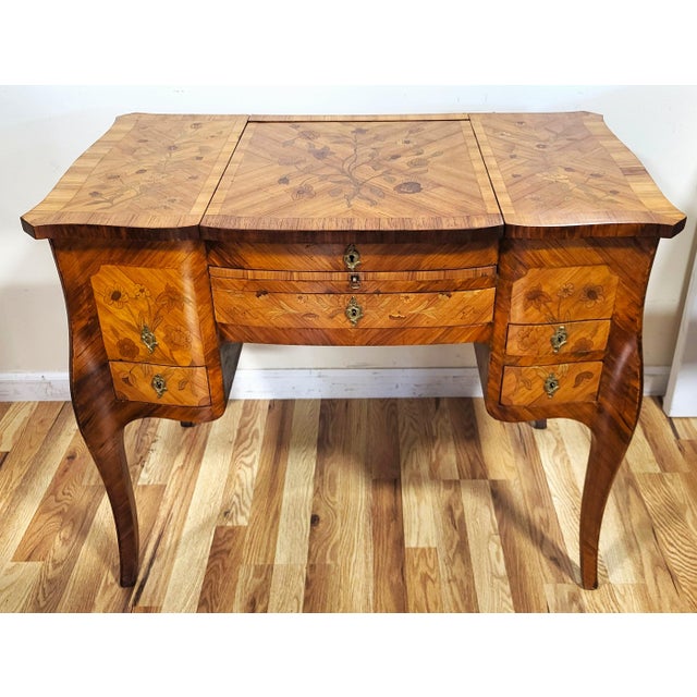 Antique French 19th C Louis XV Inlaid Tulipwood Poudre Vanity Lady Writing Desk For Sale - Image 10 of 18