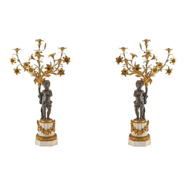 19th Century Louis XVI Patinated /Gilt Bronze and Marble Figural Candelabra - A Pair For Sale