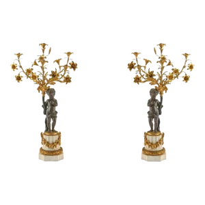19th Century Louis XVI Patinated /Gilt Bronze and Marble Figural Candelabra - A Pair