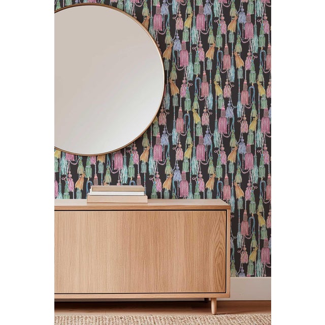 Tassel Trellis Grasscloth Wallpaper by House Party | Black Lacquer | 8 Yards For Sale - Image 4 of 8